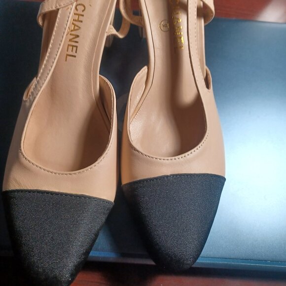 Chanel Calf Skin Cap Toe Slingbacks - Picture 1 of 8